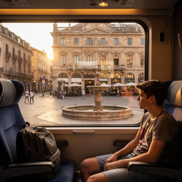 Young traveler looking out a train window at a European city