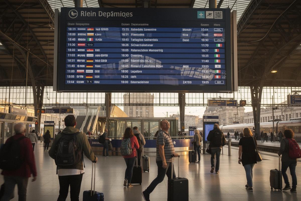 Train departure board at a European station