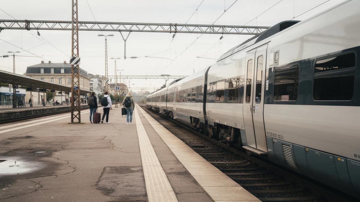 Passenger train at a European railway platform