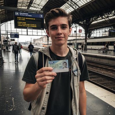Student holding a valid ISIC card at a European train station