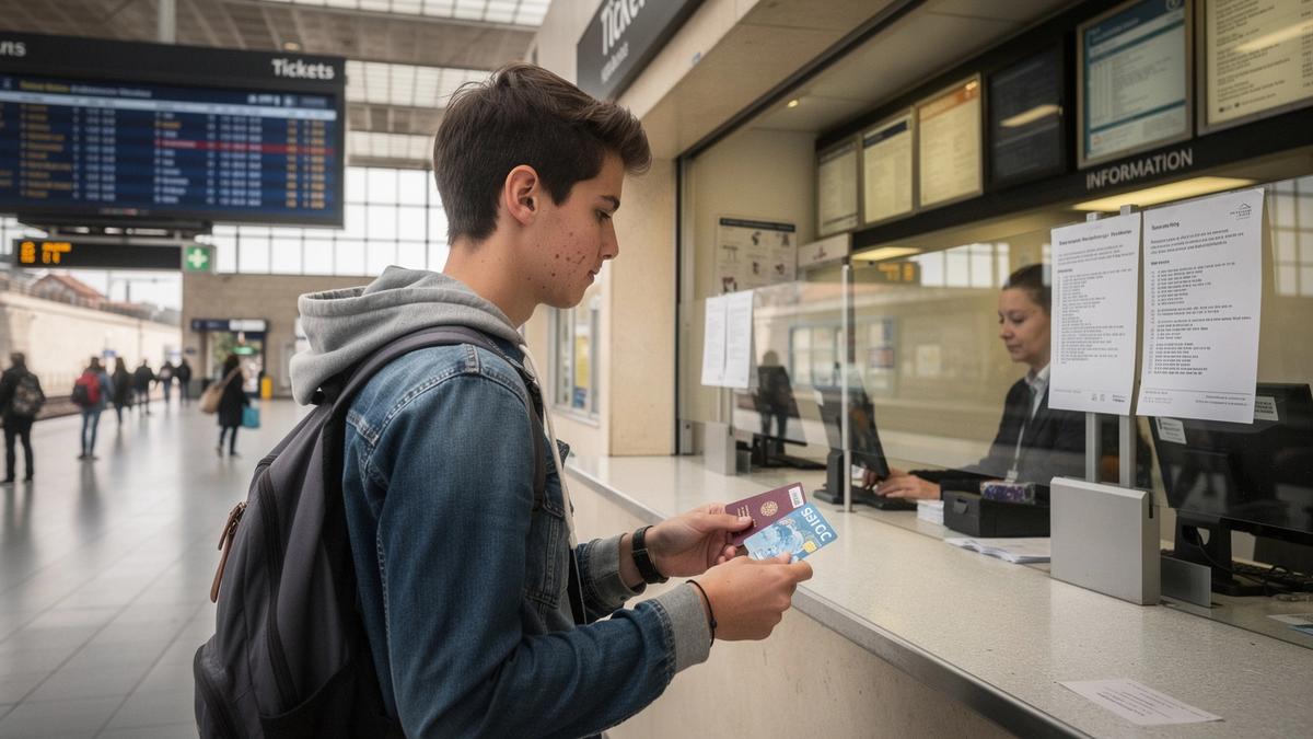 Student holding an ISIC card and passport at a European train station counter
